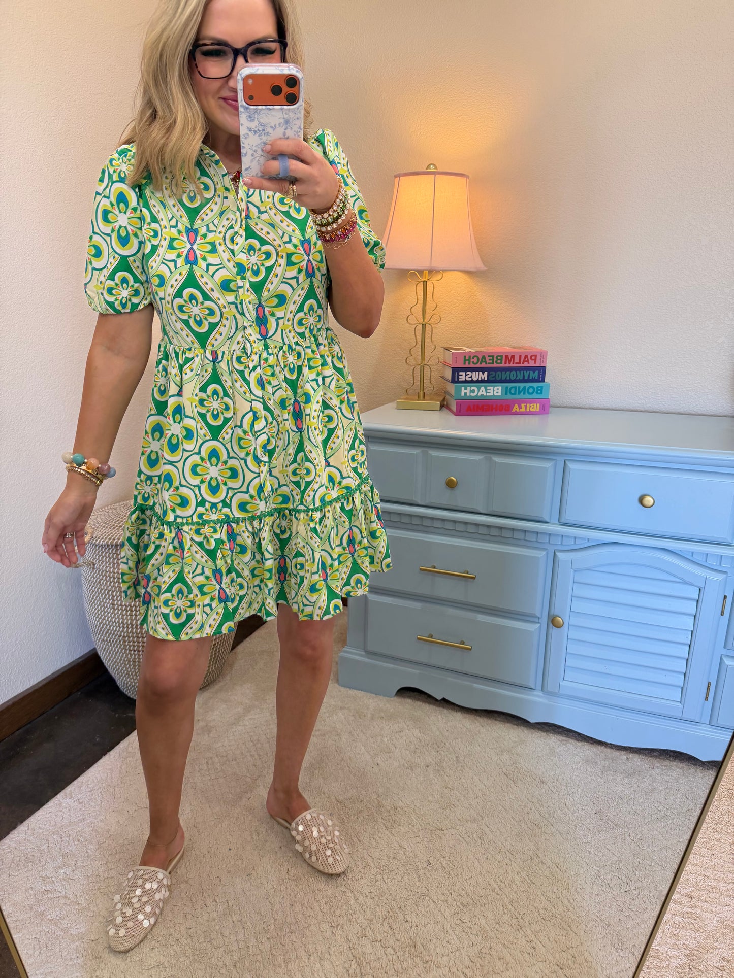 Green Print Collared Button Down A Line Dress With Belt