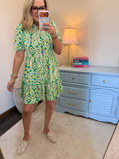 Green Print Collared Button Down A Line Dress With Belt