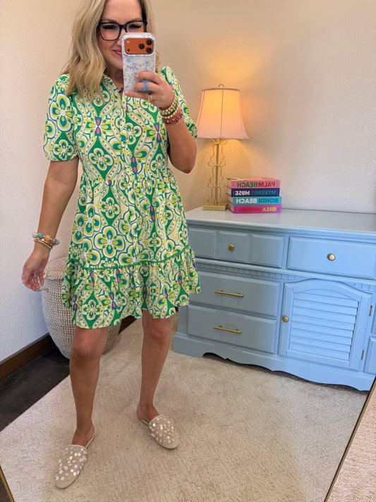 Green Print Collared Button Down A Line Dress With Belt