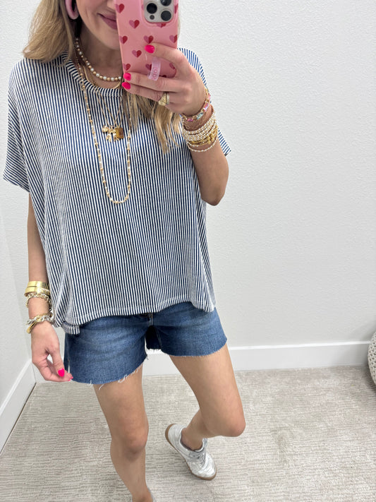 Navy Ribbed Stripped Short Sleeve Top
