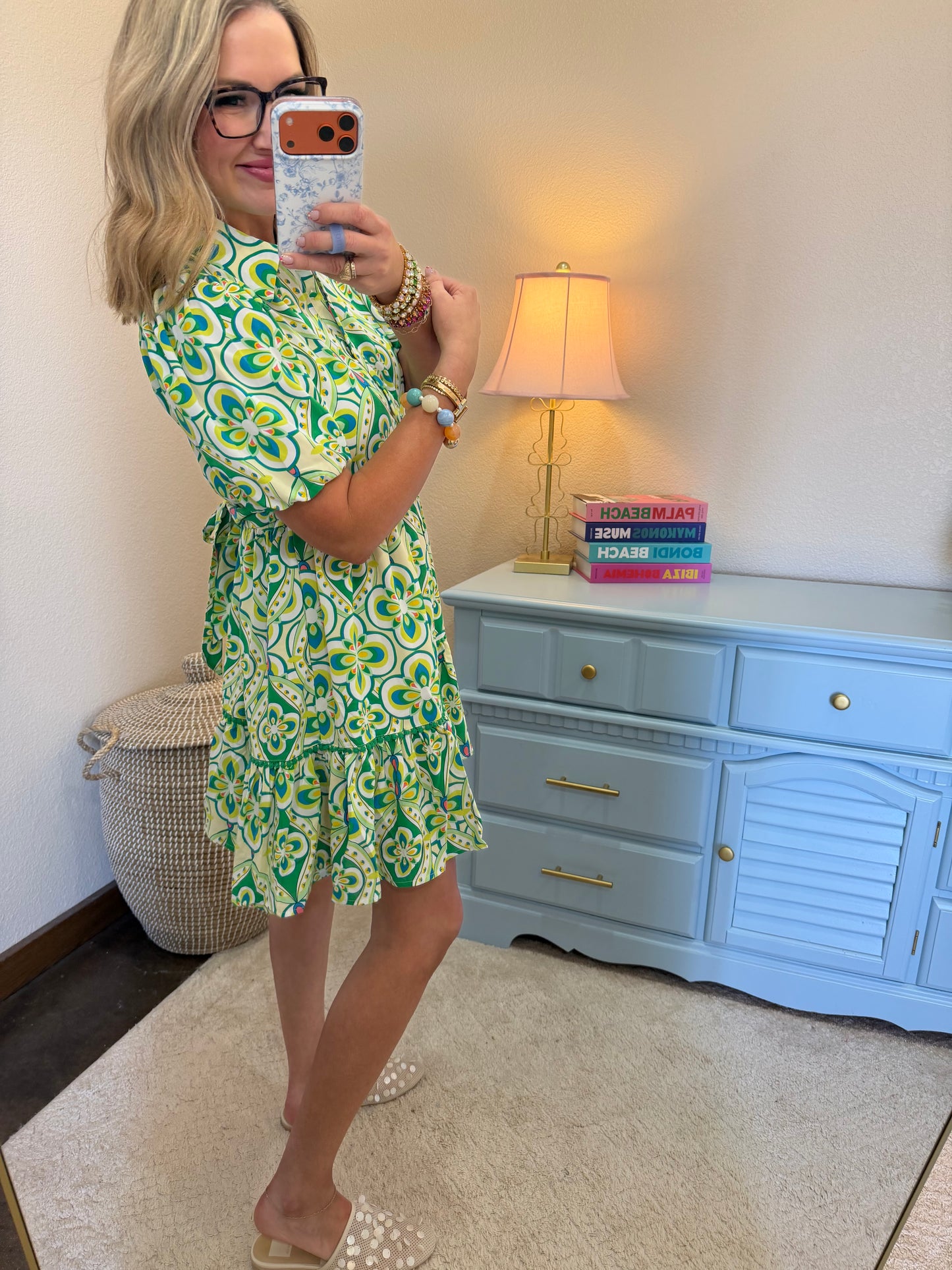 Green Print Collared Button Down A Line Dress With Belt
