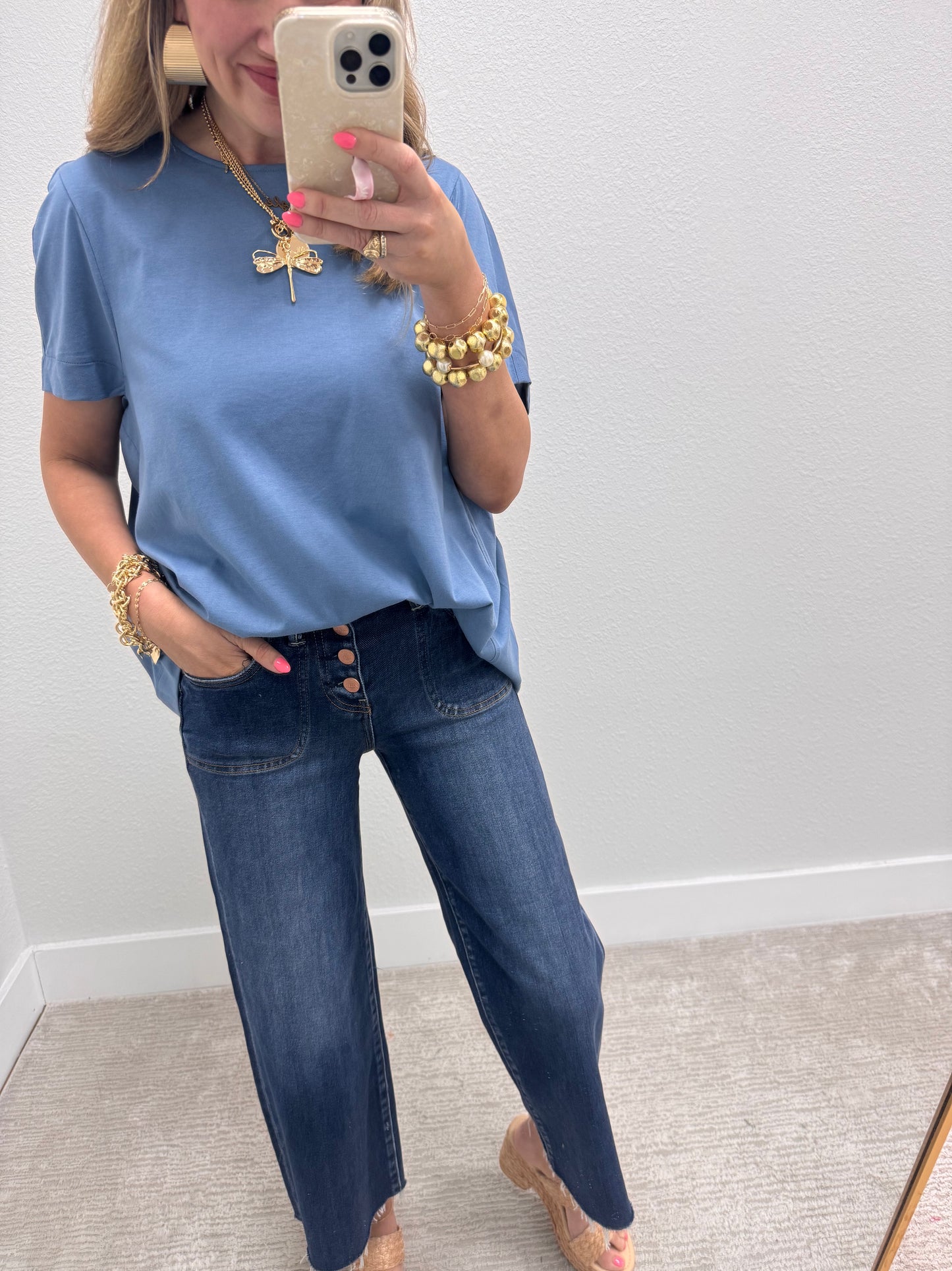 Dusty Blue Open Arm Round Neck Tee