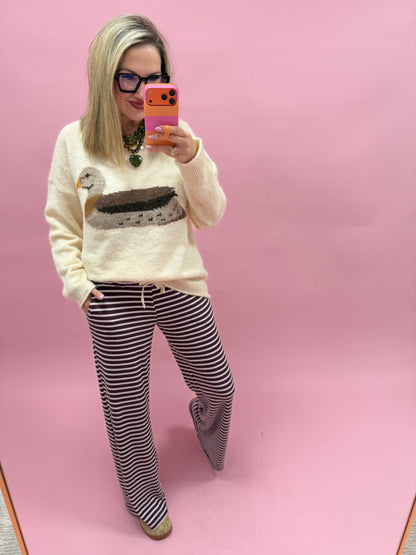 Dark Cherry Stripe Low Rise Striped Waffle Knit Pants