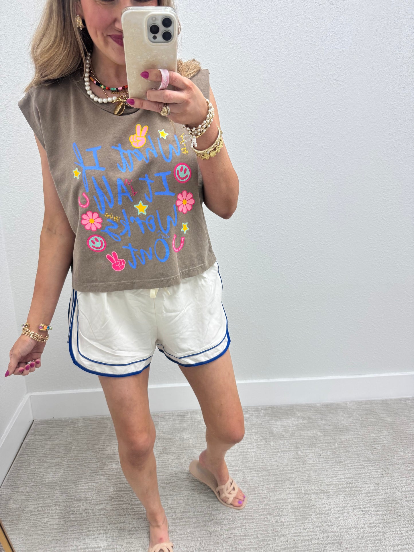 Cream Athletic Shorts with Piping Detail