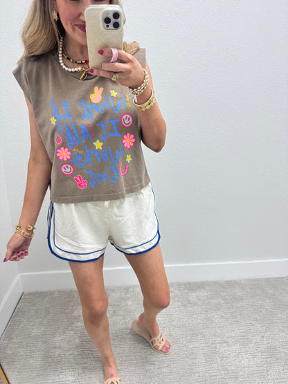 Cream Athletic Shorts with Piping Detail