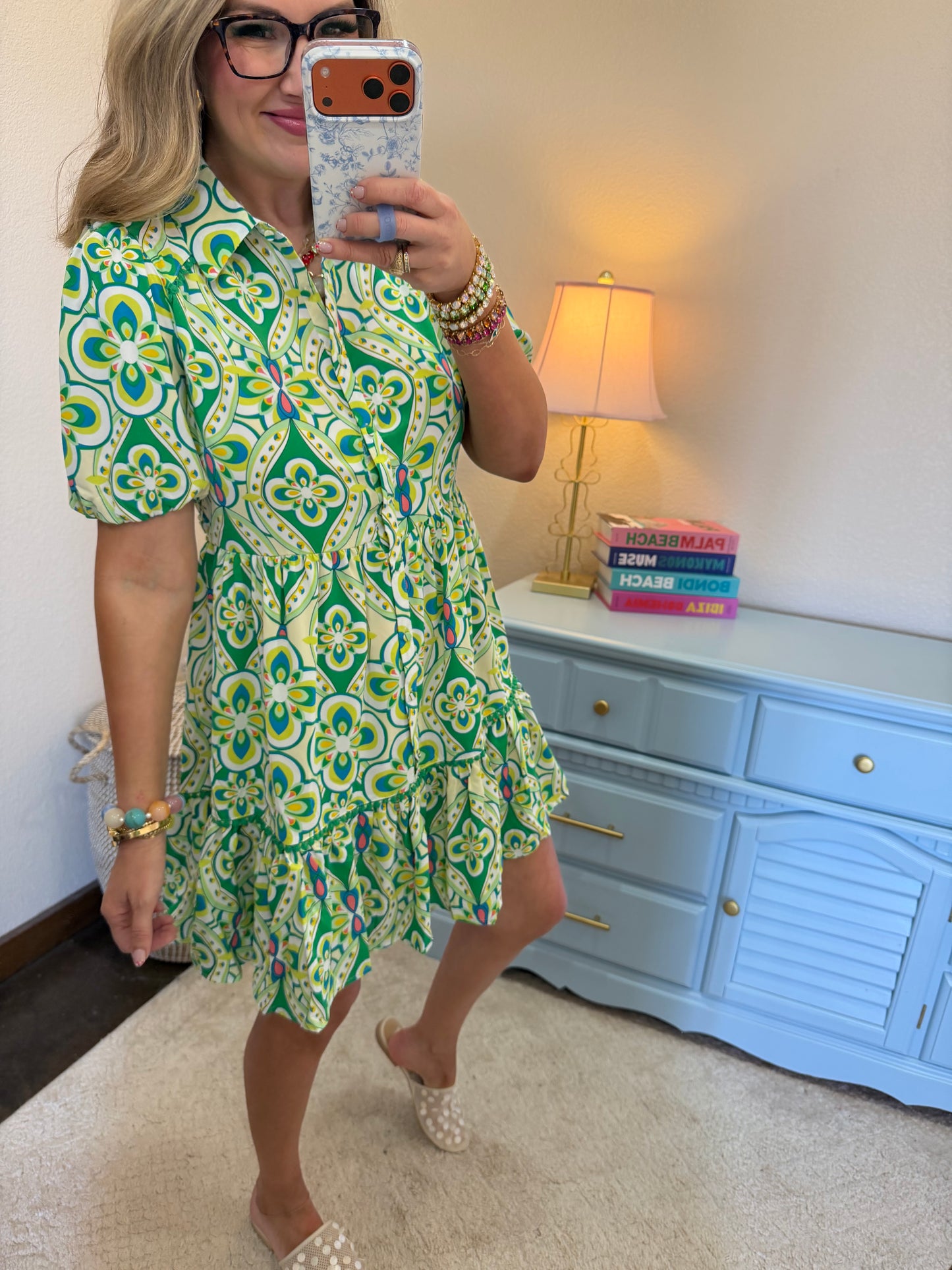 Green Print Collared Button Down A Line Dress With Belt