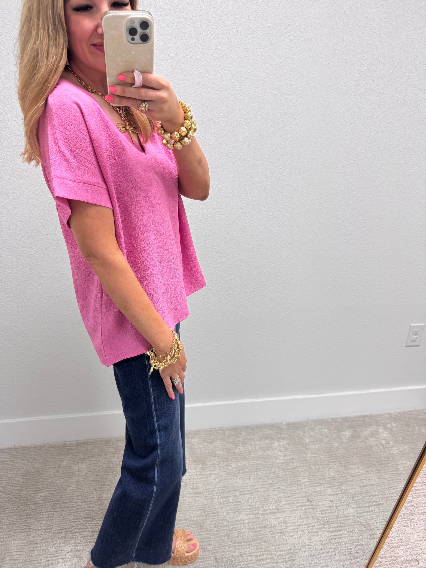 Light Mauve Crinkle Texture V-Neck Top