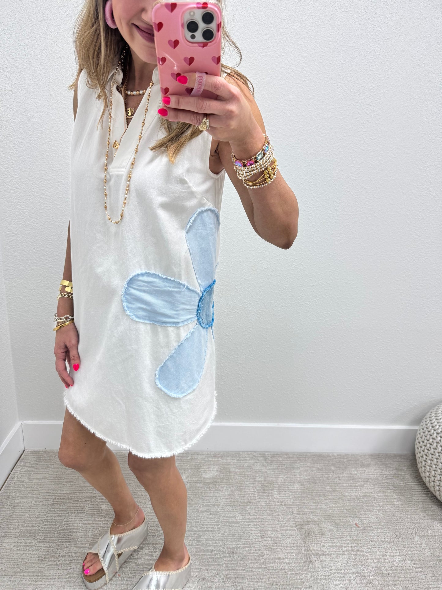White with Blue Flower Side Dress