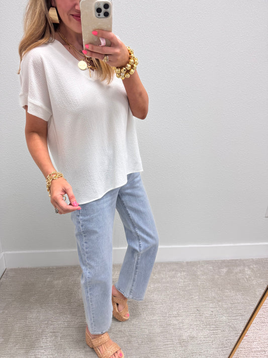 White Crinkle Texture V-Neck Top