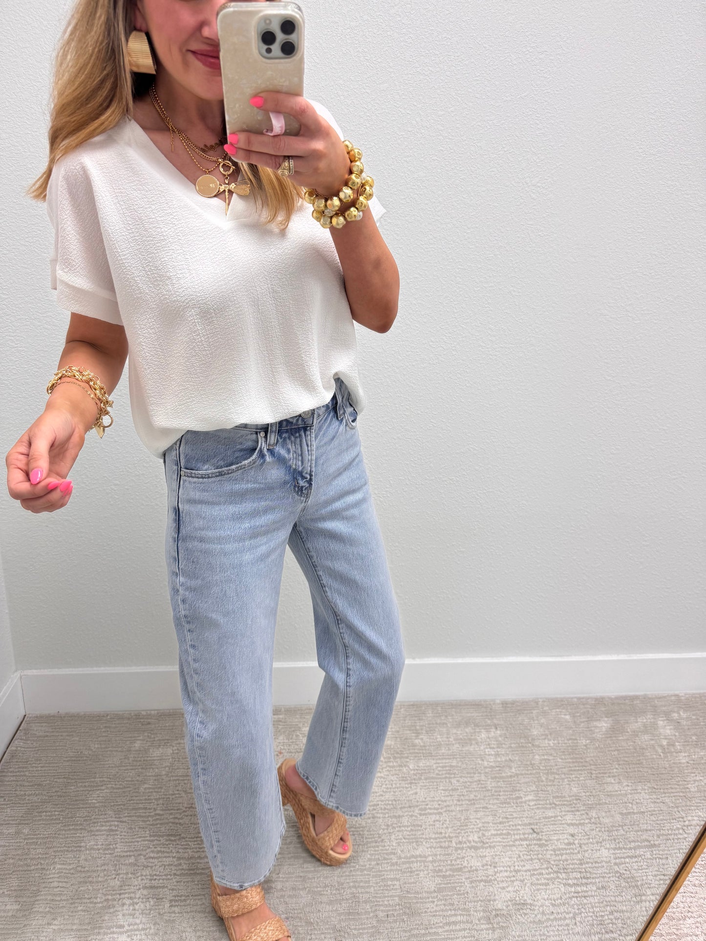 White Crinkle Texture V-Neck Top