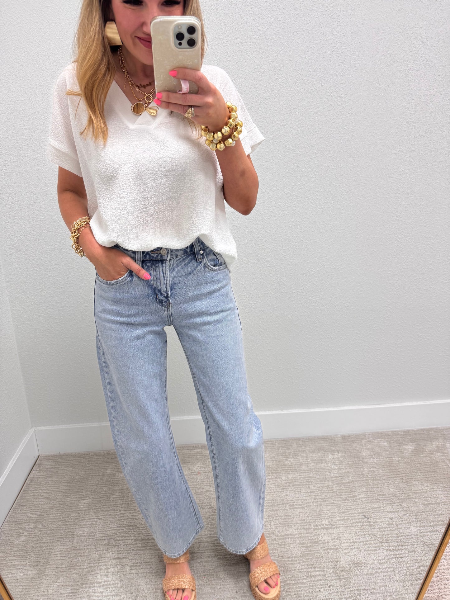 White Crinkle Texture V-Neck Top