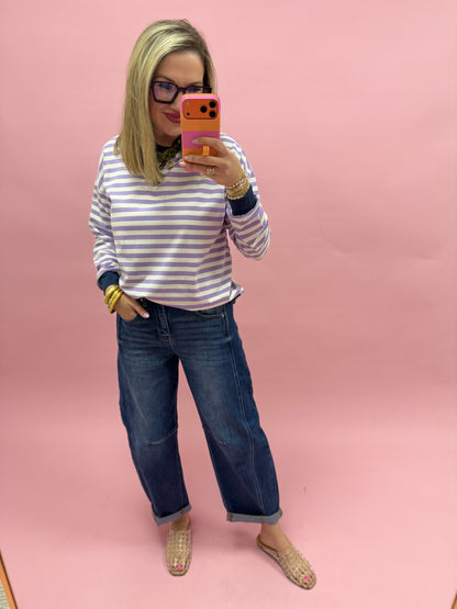 Lavender & Navy Striped Rib Banded Long Sleeve Pullover