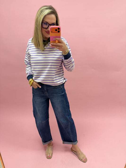 Lavender & Navy Striped Rib Banded Long Sleeve Pullover