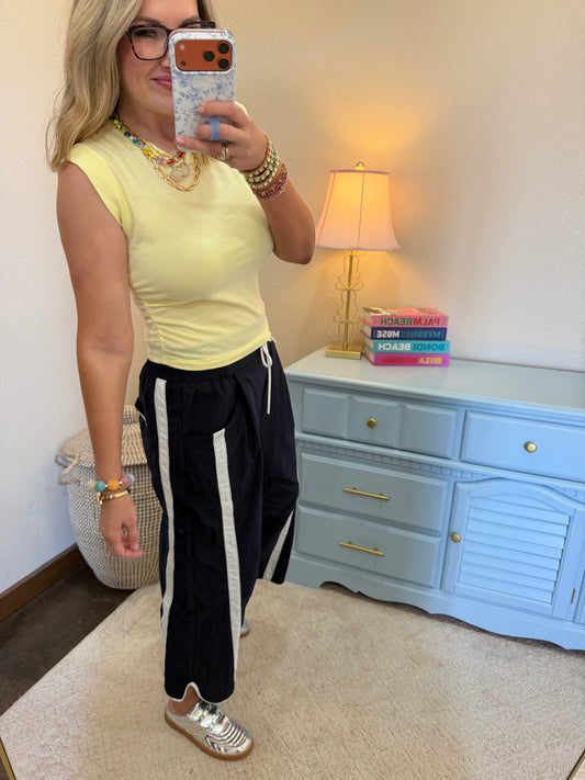 Butter Yellow Ruched Waist Sleeveless Cap Sleeve Top