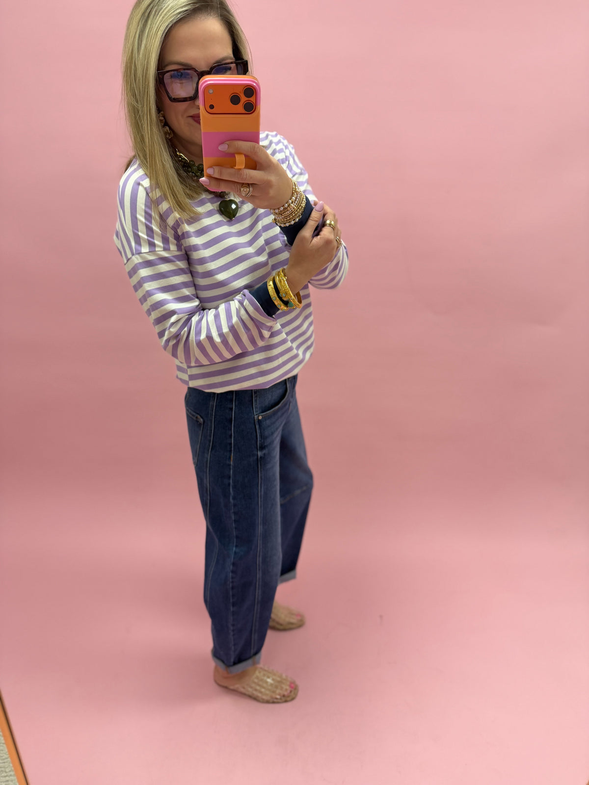 Lavender & Navy Striped Rib Banded Long Sleeve Pullover