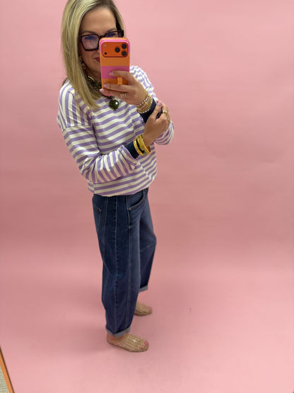 Lavender & Navy Striped Rib Banded Long Sleeve Pullover