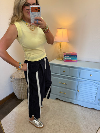 Butter Yellow Ruched Waist Sleeveless Cap Sleeve Top