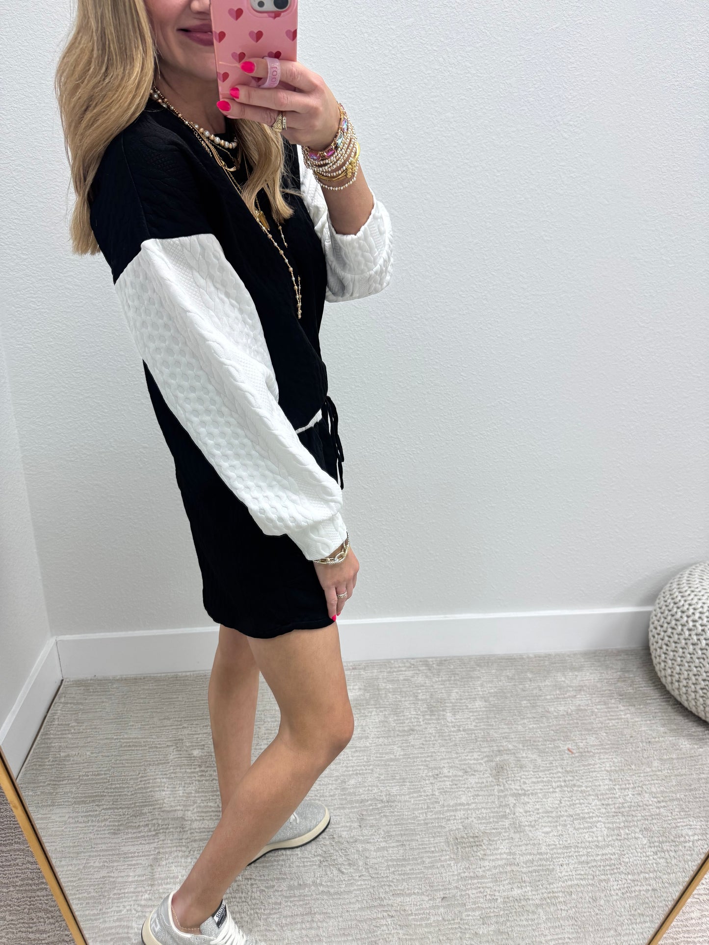 Black and White Quilted Two Piece Long Sleeve Short Set