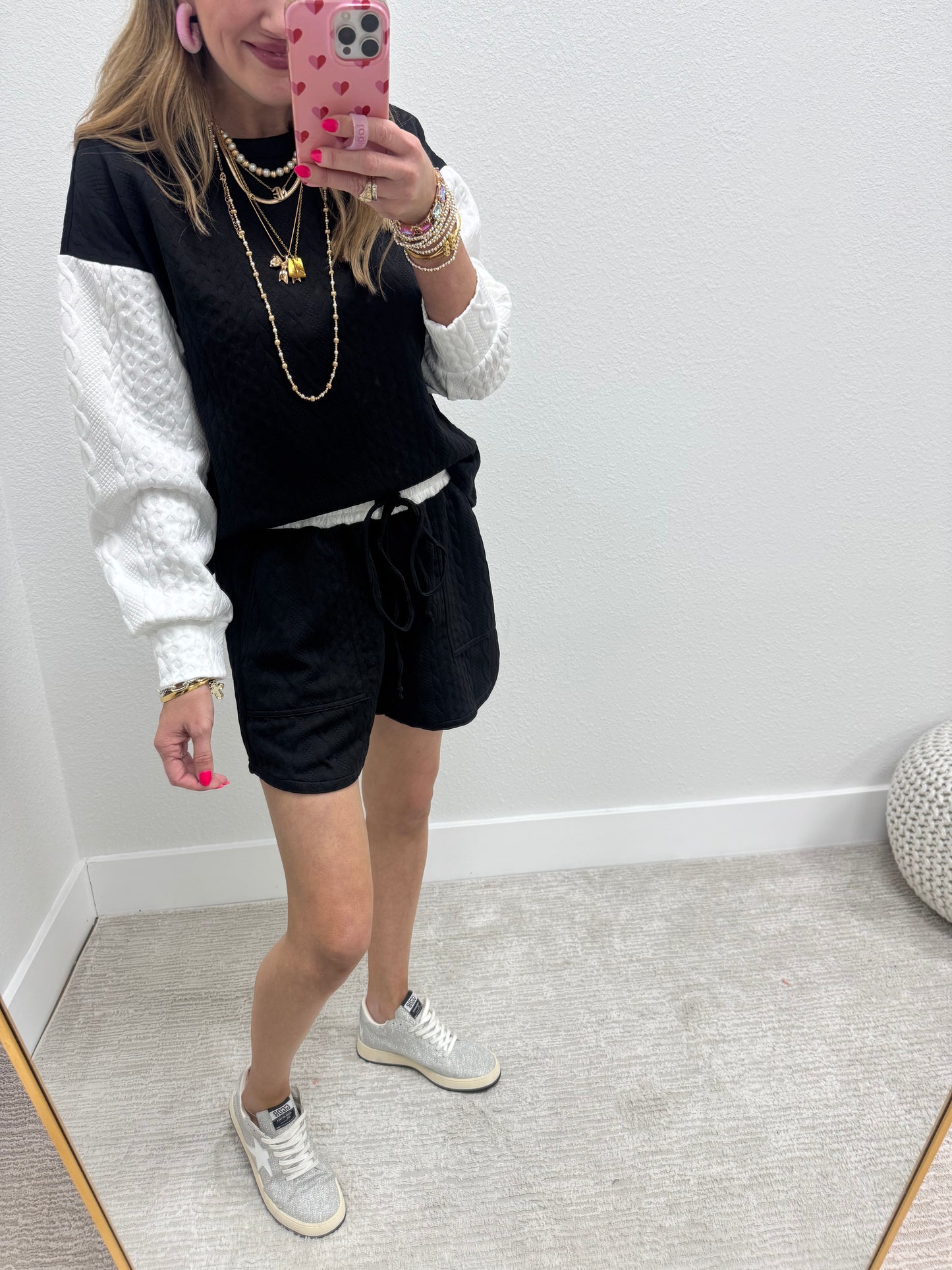 Black and White Quilted Two Piece Long Sleeve Short Set