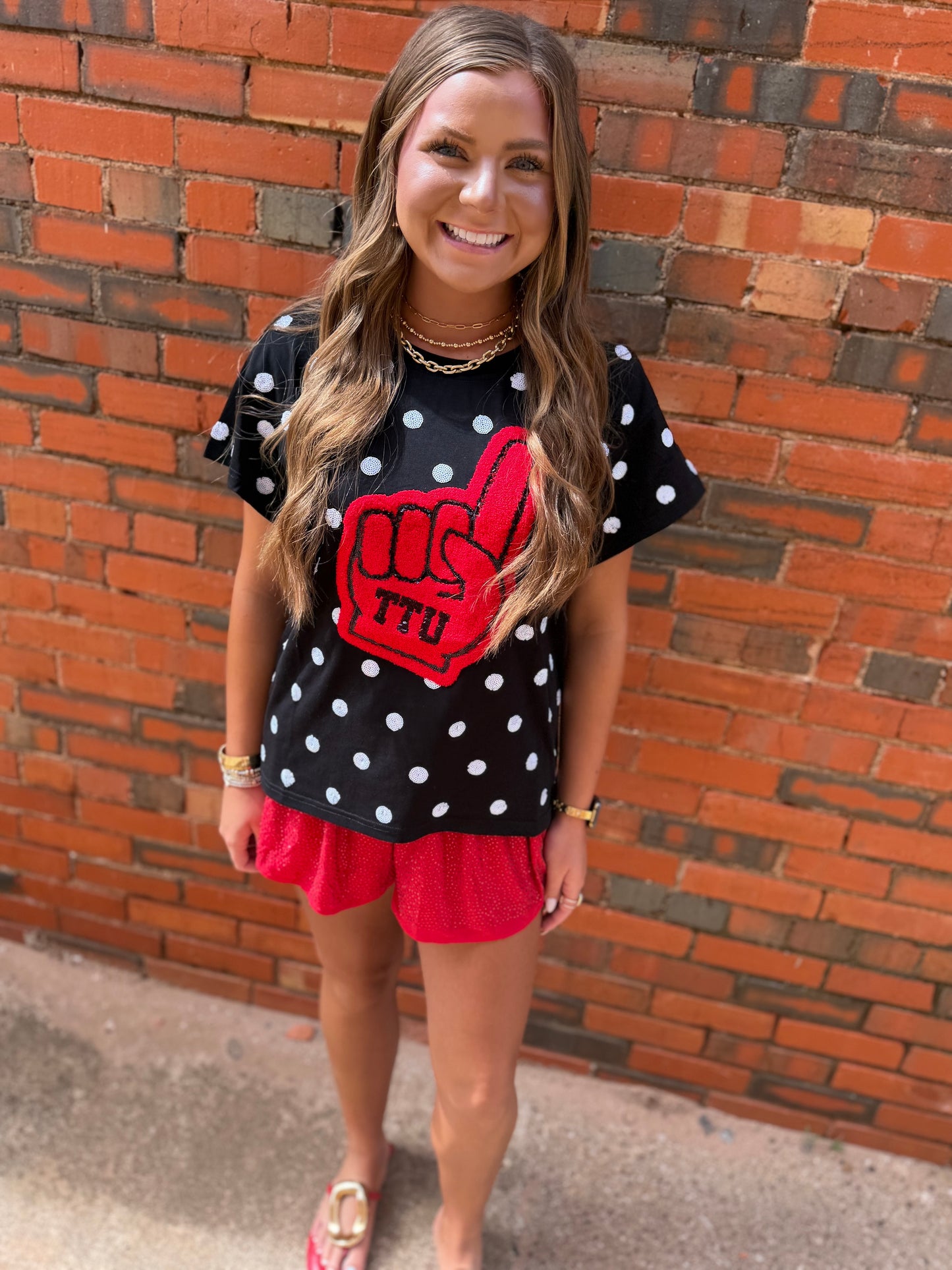 Queen of Sparkles Licensed Texas Tech Polka Dot Foam Finger Tee