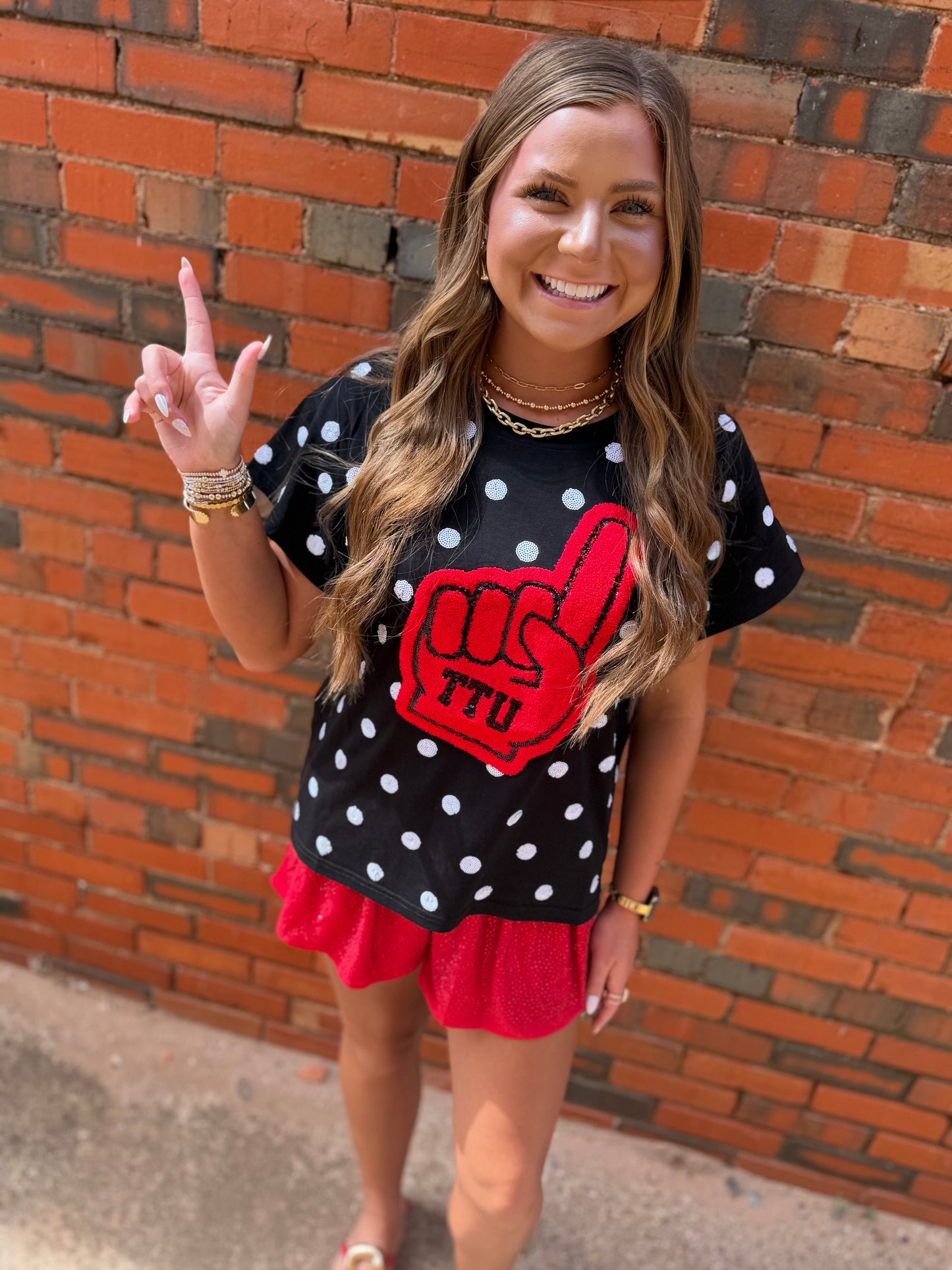 Queen of Sparkles Licensed Texas Tech Polka Dot Foam Finger Tee