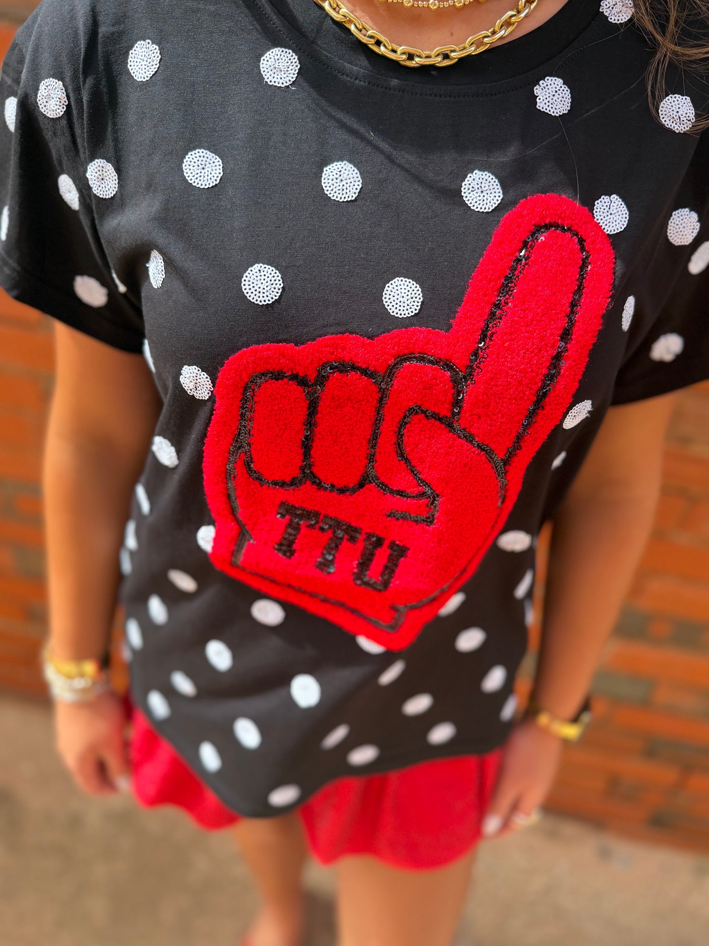 Queen of Sparkles Licensed Texas Tech Polka Dot Foam Finger Tee