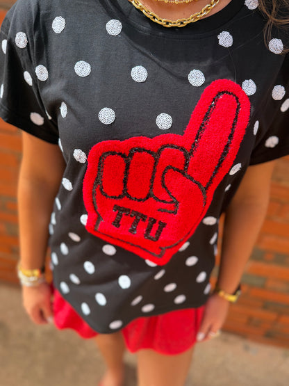 Queen of Sparkles Licensed Texas Tech Polka Dot Foam Finger Tee