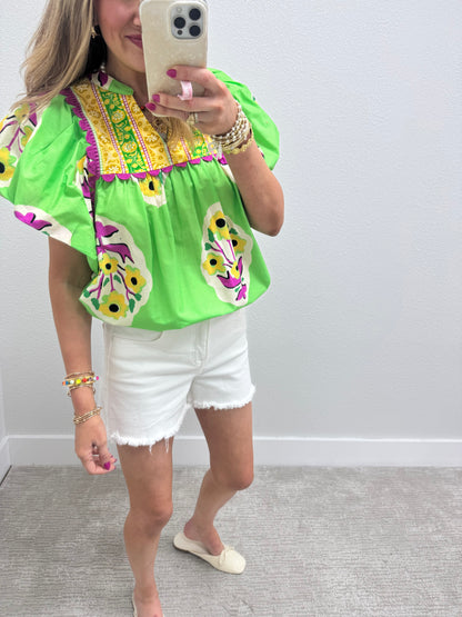 Green Apple Floral Border Embroidered Top