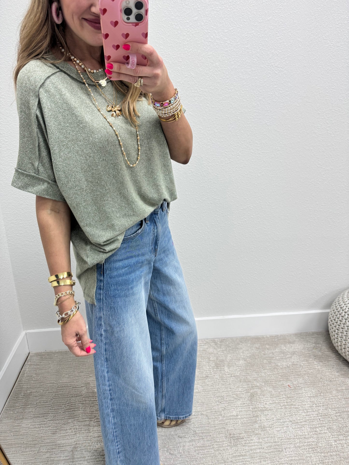 Light Olive Melange Hacci Short Sleeve Hi-Low Tee