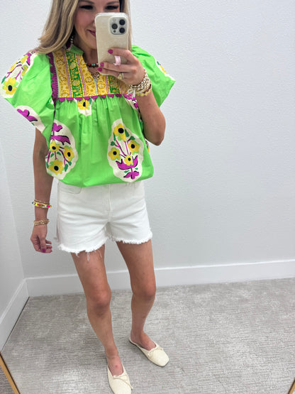 Green Apple Floral Border Embroidered Top
