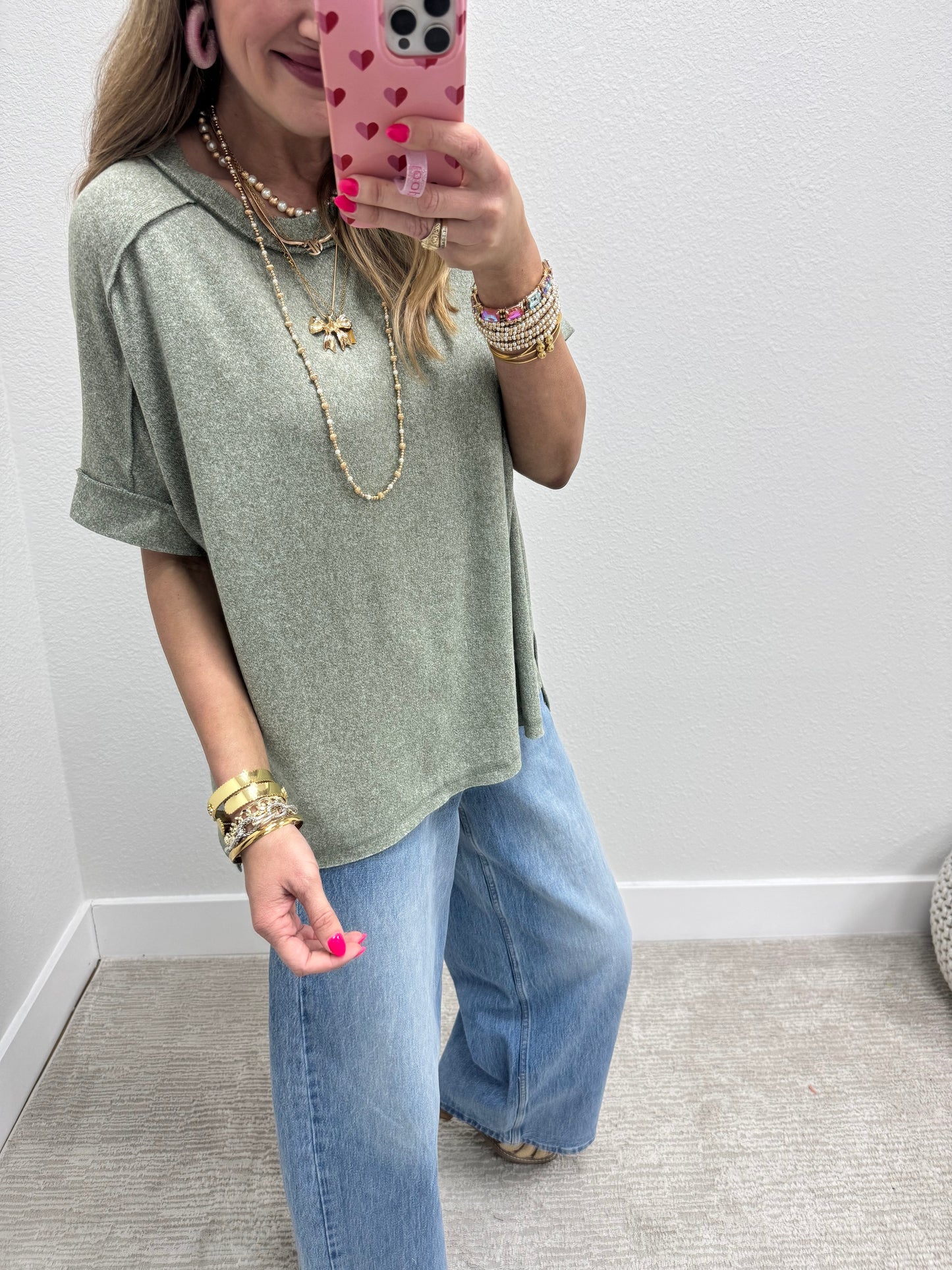 Light Olive Melange Hacci Short Sleeve Hi-Low Tee