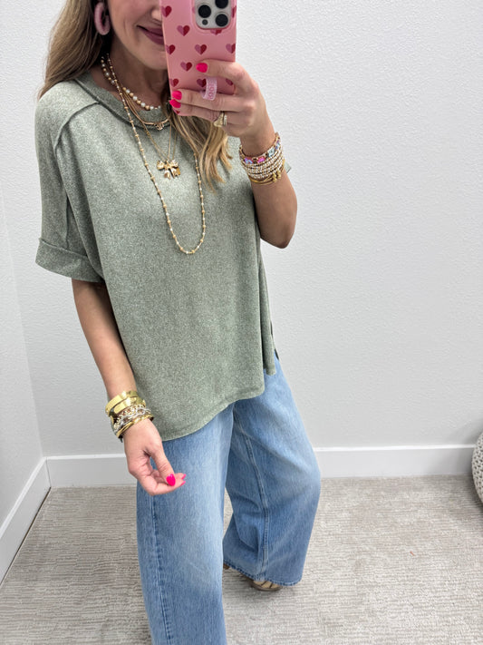 Light Olive Melange Hacci Short Sleeve Hi-Low Tee