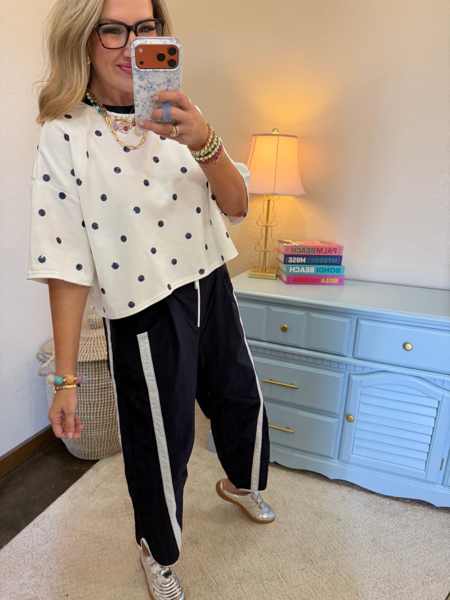 Navy Sequin Polka Dot Top