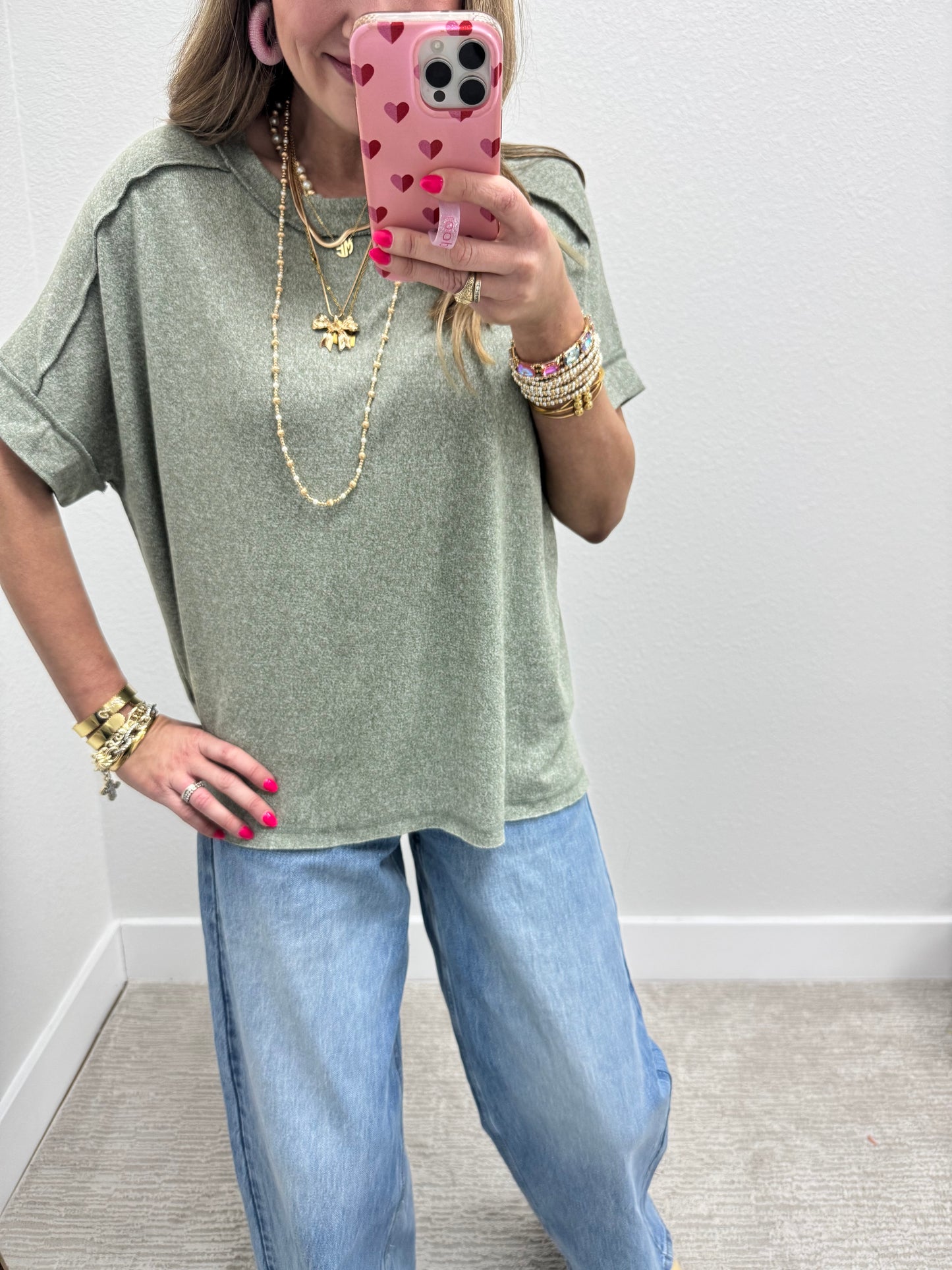Light Olive Melange Hacci Short Sleeve Hi-Low Tee