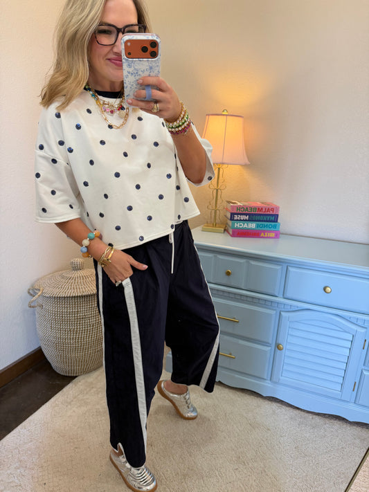 Navy & White Windbreaker Pants