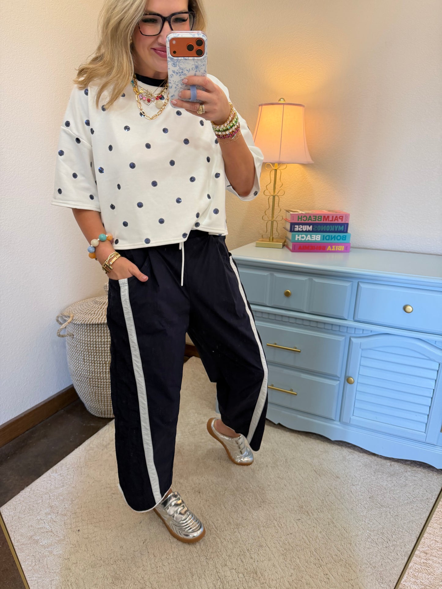 Navy Sequin Polka Dot Top