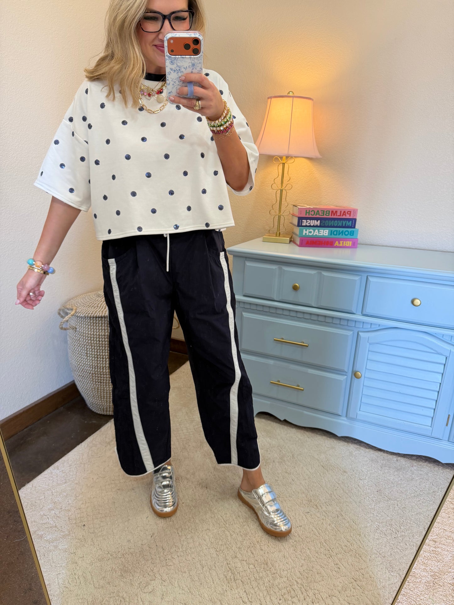 Navy Sequin Polka Dot Top