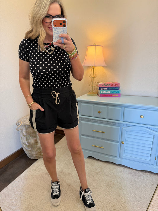 Black Fitted Polka Dot Short Sleeve Crew Neck Top