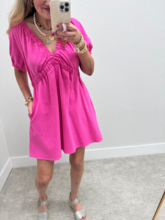 Pink Elastic Top V Neck Pocket Dress