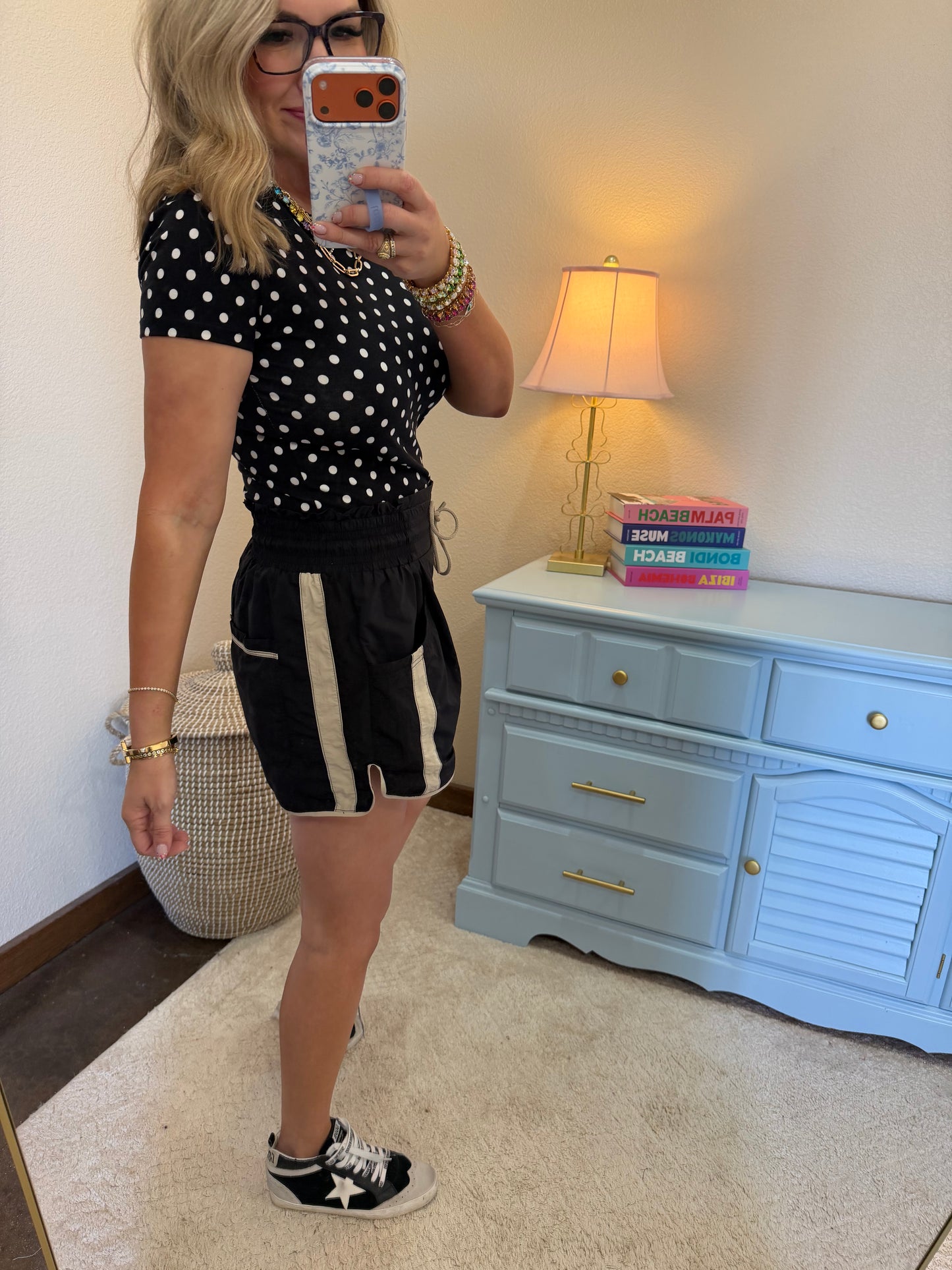 Black Fitted Polka Dot Short Sleeve Crew Neck Top