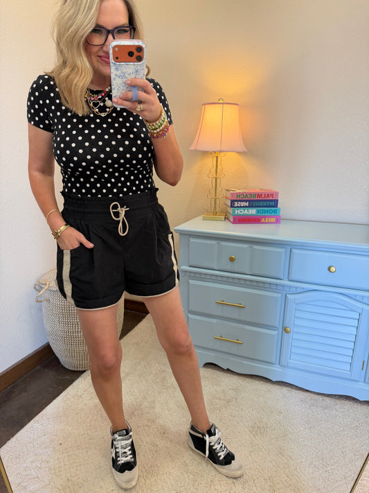 Black Fitted Polka Dot Short Sleeve Crew Neck Top