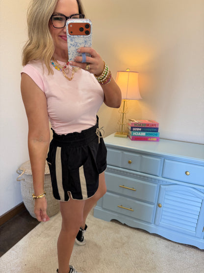 Soft Pink Ruched Waist Sleeveless Cap Sleeve Top