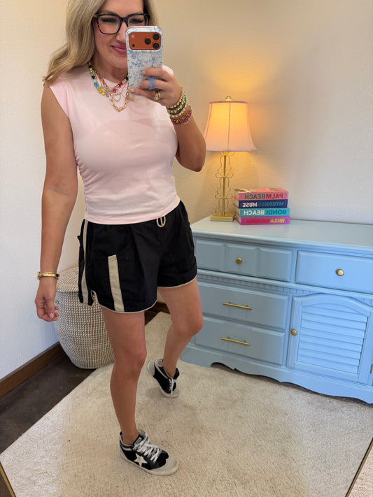 Soft Pink Ruched Waist Sleeveless Cap Sleeve Top