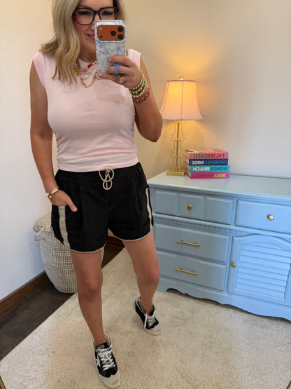 Soft Pink Ruched Waist Sleeveless Cap Sleeve Top