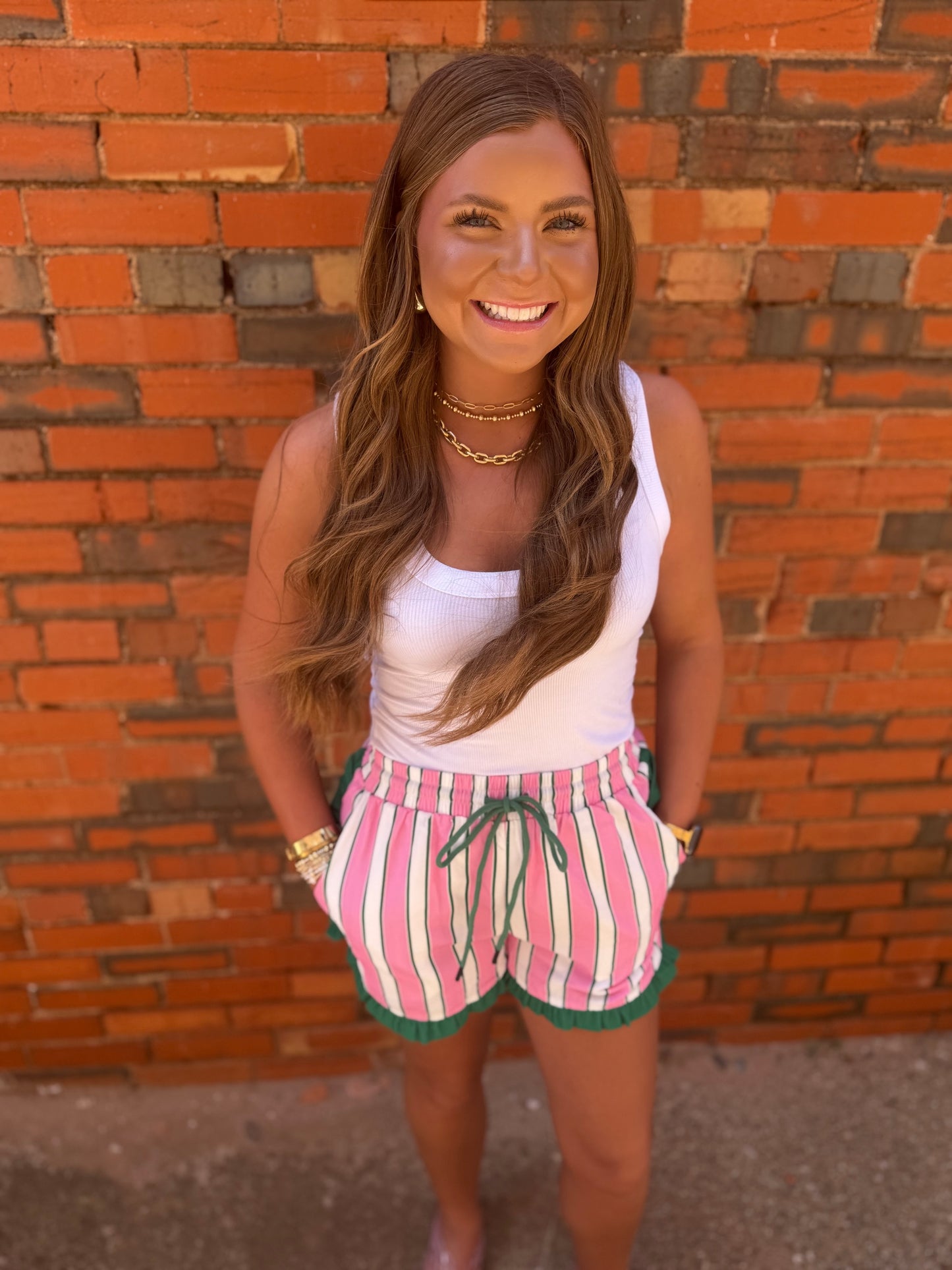 Pink & Green Stripe Ruffle Shorts