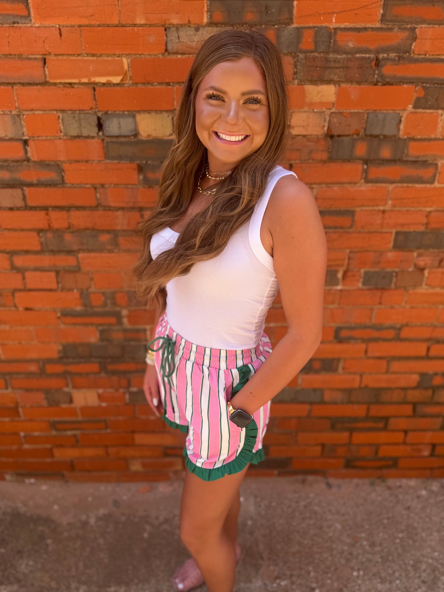 Pink & Green Stripe Ruffle Shorts
