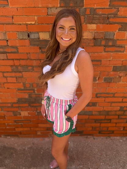Pink & Green Stripe Ruffle Shorts
