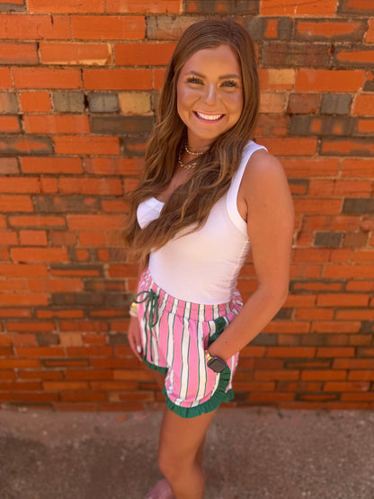 Pink & Green Stripe Ruffle Shorts