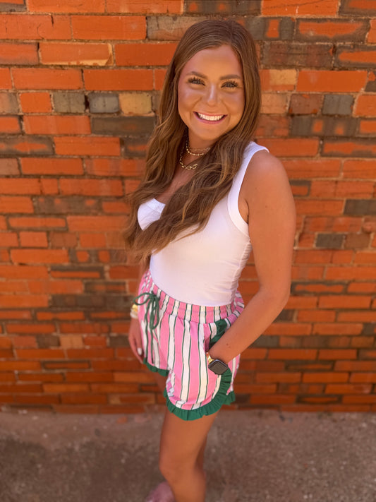 Pink & Green Stripe Ruffle Shorts