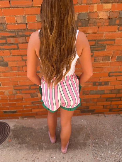 Pink & Green Stripe Ruffle Shorts
